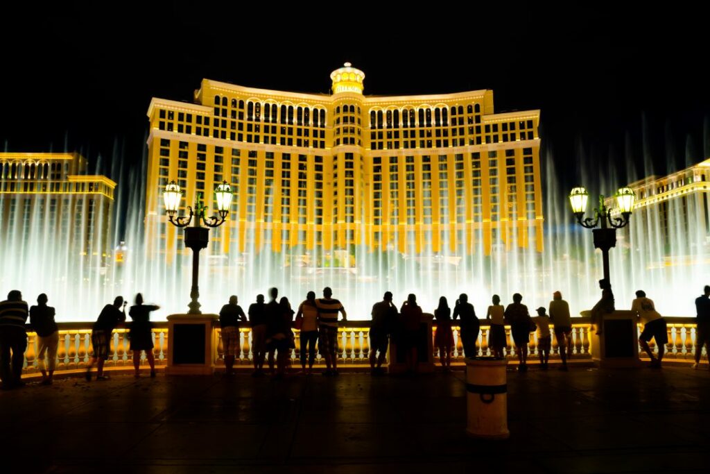 LAS VEGAS - AUGUST 12: Musical fountains at Bellagio Hotel & Casino on August 12, 2012 in Las Vegas. The Bellagio opened October 15, 1998, it was the most expensive hotel ever built at US$1.6 bn.
