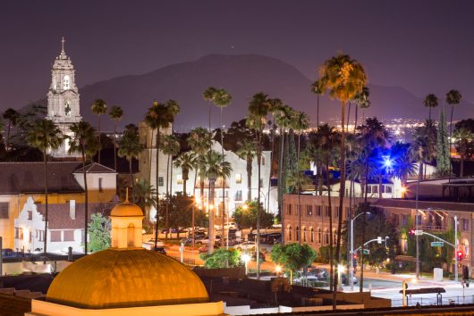 Evening view of downtown Riverside, California, skyline.
