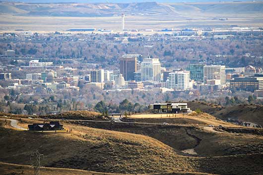 Panoramic view of the Boise, Idaho city skyline, taken from the hills